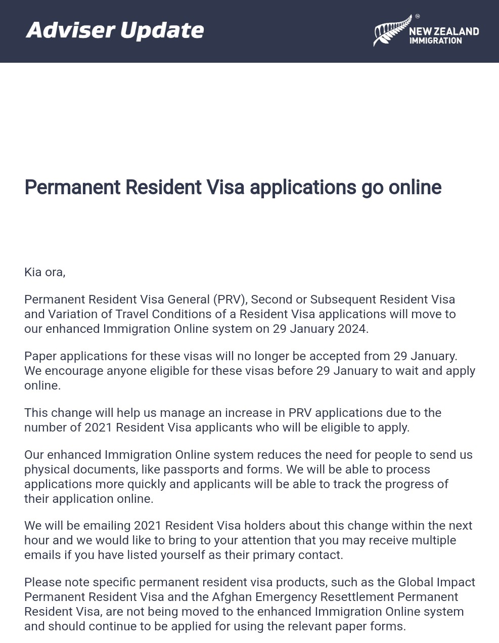 Chuyển hình thức nộp online cho Permanent Resident Visa từ ngày 29/01/2023