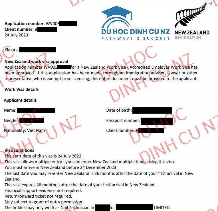 Xin chúc mừng khách hàng có Work Visa NZ 3 năm