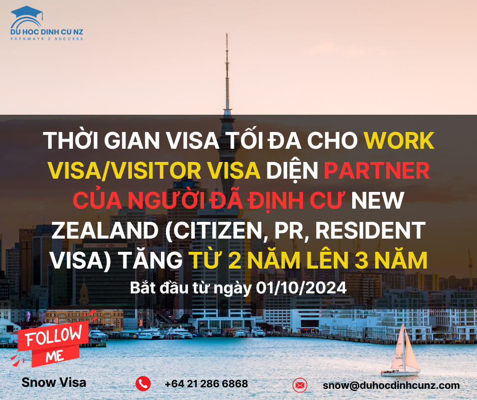 Tăng thời gian visa tối đa cho Work Visa/Visitor Visa diện Partner của người định cư New Zealand 