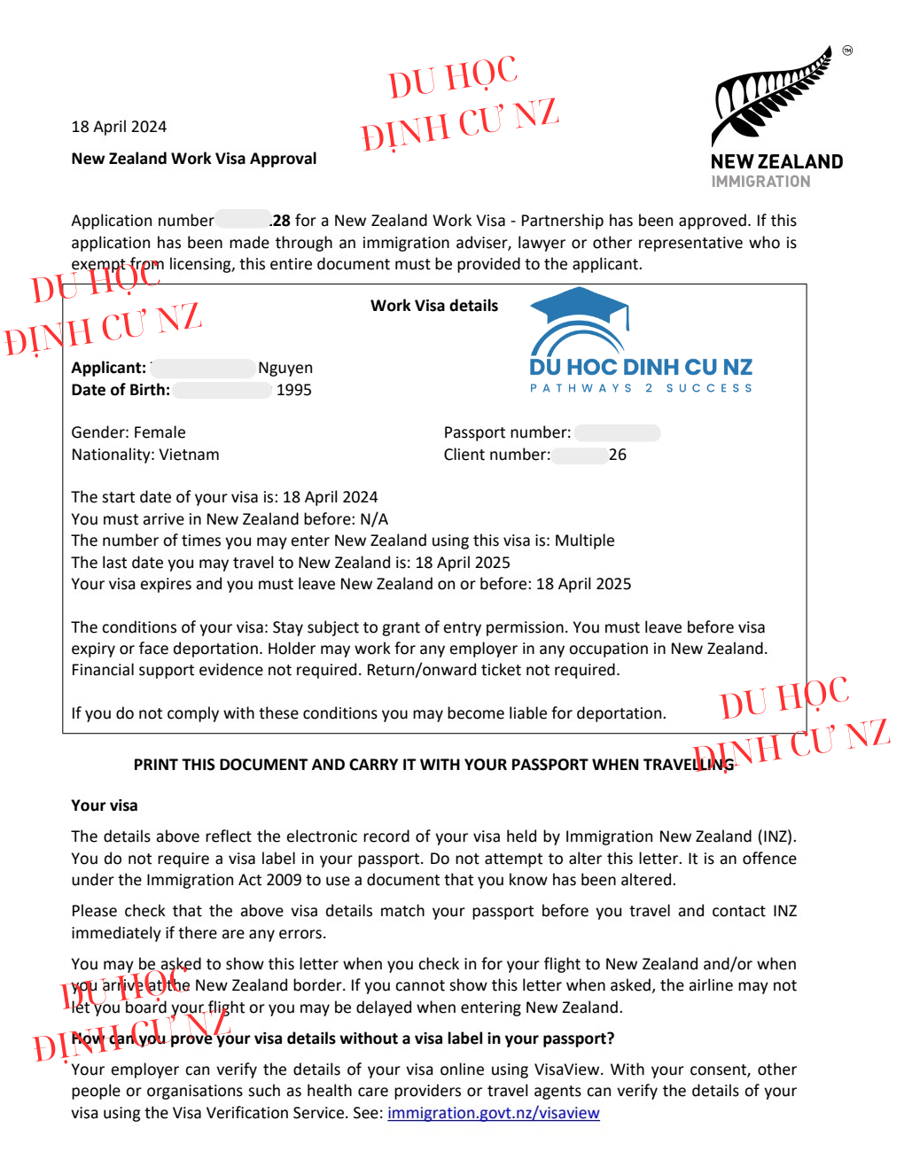 Visa Under Parnership cho vợ/chồng đã định cư NZ bị yêu cầu thông tin