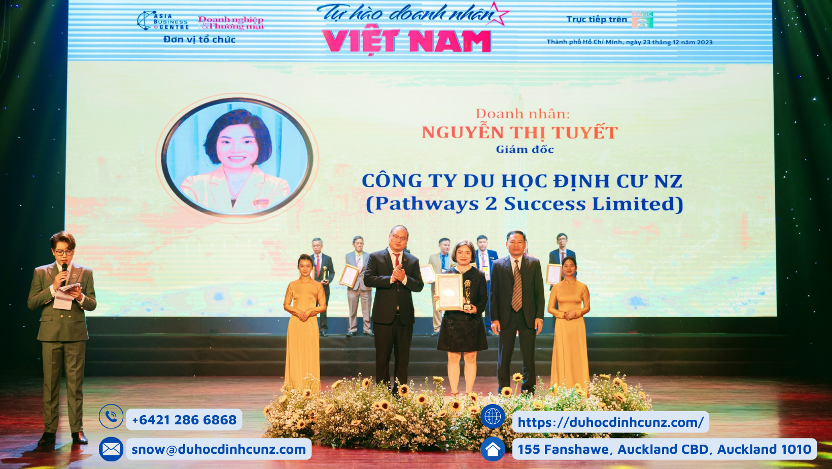 Doanh nhân Snow Nguyễn – CEO của công ty Du học Định cư NZ nhận danh hiệu Doanh nhân Việt Nam Xuất sắc năm 2023